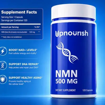 UpNourish, NMN, 500mg, Nicotinamide Mononucleotide, NAD Supplement, Real NMN, Nicotinamide Riboside Alternative, for Women & Men, DNA Repair, Boosts Nad+, Anti-aging, Beauty, Energy, Muscles preservation, memory, 120 Caps NMN 