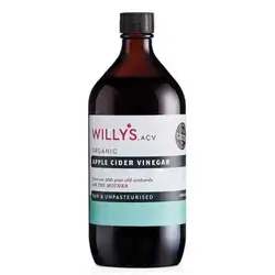 WILLY'S Apple Cider Vinegar with Live Mother - Probiotics For Detox & Gut Health - 1L Glass Bottle - Sustainable ACV (Packaging may vary)