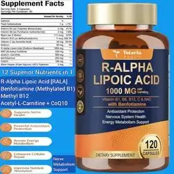 R Alpha Lipoic Acid 1000mg, with Benfotiamine (Methylated B1), Sodium ALA for Neuropathy, Nerve Health, Cell Energy, Metabolism & Anti-Aging, Longevity, Muscle and Brain Glucose Metabolism, B12, Biotin, B1, L Carnitine, CoQ10, 120 Caps RALA 