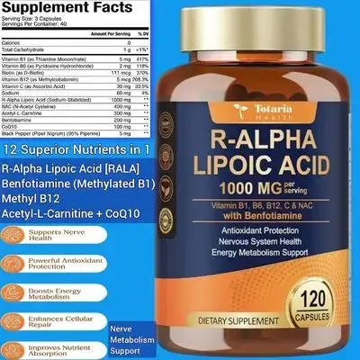 R Alpha Lipoic Acid 1000mg, with Benfotiamine (Methylated B1), Sodium ALA for Neuropathy, Nerve Health, Cell Energy, Metabolism & Anti-Aging, Longevity, Muscle and Brain Glucose Metabolism, B12, Biotin, B1, L Carnitine, CoQ10, 120 Caps RALA