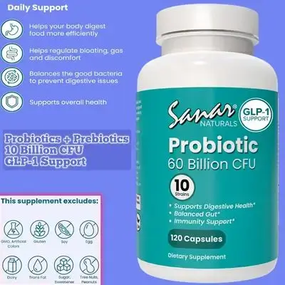 Probiotics 60 Billion CFU – GLP-1 Support, Digestive & Gut Health - Probiotic for Women and Men, Plus Probiotics, Gluten Free, 120 Capsules Probiotics