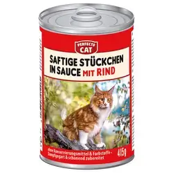 Perfecto Cat Juicy pieces in
sauce with beef x 415g
