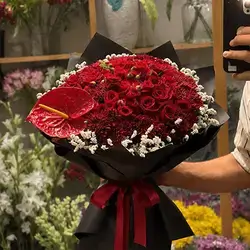 Red Rose Bouquet with White Filler Flowers