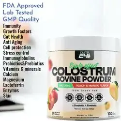 Bovine Colostrum X3 Supplement , 100% Pure Natural Grass Fed biovine colostrum Superfood, High IgG, Probiotics & Prebiotic, Natural Peach-Mango Flavor, Made in USA, 105 gram, probiotics, prebiotics, lactoferrin