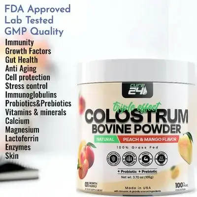 Bovine Colostrum X3 Supplement , 100% Pure Natural Grass Fed biovine colostrum Superfood, High IgG, Probiotics & Prebiotic, Natural Peach-Mango Flavor, Made in USA, 105 gram, probiotics, prebiotics, lactoferrin