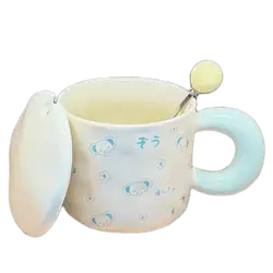 Cute Ceramic Cup with Lid and Spoon
