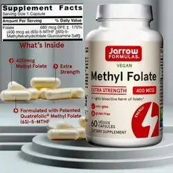Methyl Folate Extra Strength 400 mcg, Folate Supplement for Cardiovascular and Neurologic Health, activite Form of B9 Folic acid, Homocysteine Metabolism, Brain & Cardiovascular, Growth and Development, 60 Day Supply