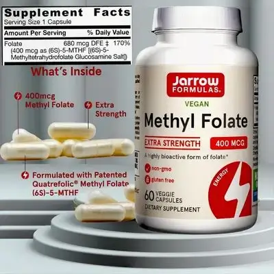 Methyl Folate Extra Strength 400 mcg, Folate Supplement for Cardiovascular and Neurologic Health, activite Form of B9 Folic acid, Homocysteine Metabolism, Brain & Cardiovascular, Growth and Development, 60 Day Supply