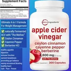 Apple Cider Vinegar, 4,800mg Per Serving, 4-in-1 ACV Complex with The Mother, Ceylon Cinnamon, Berberine, Cayenne Pepper, Immune, Digestion & Appetite Control & weight loss, fat burn, Berberine , 300 Capsules