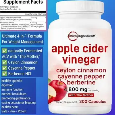Apple Cider Vinegar, 4,800mg Per Serving, 4-in-1 ACV Complex with The Mother, Ceylon Cinnamon, Berberine, Cayenne Pepper, Immune, Digestion & Appetite Control & weight loss, fat burn, Berberine , 300 Capsules