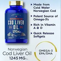 Norwegian Cod Liver Oil, 1245mg, with EPA and DHA, omega 3, omega3, Natural vitamin A and D3, lean muscle mass and reduced gut leakiness, eyes and glaucoma, AKKERMANSIA, GLP 1, 250 SOFTGELS
