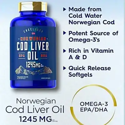 Norwegian Cod Liver Oil, 1245mg, with EPA and DHA, omega 3, omega3, Natural vitamin A and D3, lean muscle mass and reduced gut leakiness, eyes and glaucoma, AKKERMANSIA, GLP 1, 250 SOFTGELS