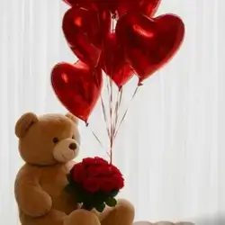 Red Bouquet + Bear +10 Balloon Shape Heart