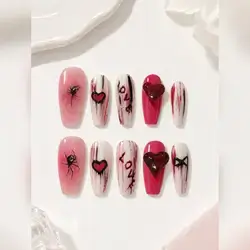 10pcs Handmade Press-On Nails with a chic pink, red, and white design