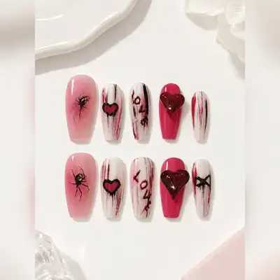 10pcs Handmade Press-On Nails with a chic pink, red, and white design