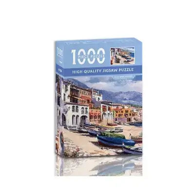 1000-piece miniature jigsaw puzzle featuring a seaside town scene.