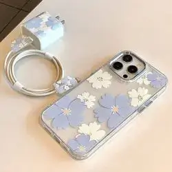 Transparent Electroplated Frame Anti-Drop Phone Case & Charger Preventer In Light Blue Floral Design, Compatible With IPhone Size: Iphone 13 pro