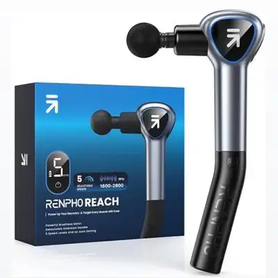 دەمانچەی مەساج RENPHO Reach بە دەستەیەکی جیاکەرەوە، 5 خێرایی (1600-2800 RPM)، شاشەی تاچ LED، و دۆخی پەستانی ئۆتۆماتیکی بۆ ئیسراحەتکردنی ماسولکەکانی شانە قووڵەکان.