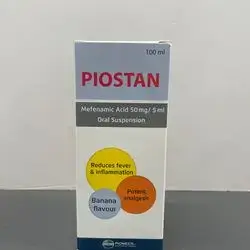 piostan mefenamic acid 50mg/5ml reduces fever & inflammation , banana flavour 100ml