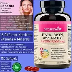 Hair Skin and Nails Vitamin, Biotin 5000mcg w/Hyaluronic Acid, Collagen for Women with C, B Complex, D3, A, E, Iron, Hair Growth, Youthful Skin, Immunity & Nervous System, 150 Softgels