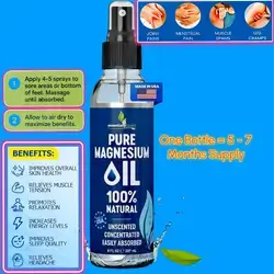 Pure Magnesium Oil Spray, Topical Magnesium Spray for Sleep & Feet & Skin & back and shoulders pain & legs & more- Extra Strength Magnesium - USP Grade - 100% Natural and Organic Oil for Muscle Pain & Cramps - Less Sting - Less Itch - Made in USA, 237ml