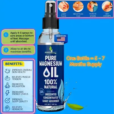 Pure Magnesium Oil Spray, Topical Magnesium Spray for Sleep & Feet & Skin & back and shoulders pain & legs & more- Extra Strength Magnesium - USP Grade - 100% Natural and Organic Oil for Muscle Pain & Cramps - Less Sting - Less Itch - Made in USA, 237ml