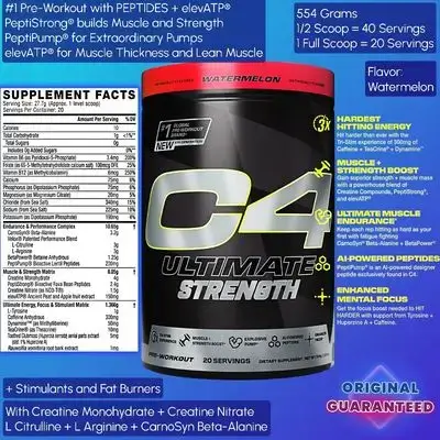 C4 Ultimate Strength, Pre Workout Powder, Tri-Stim Experience 300mg Caffeine+TeaCrine+Dynamine, Creatine & Beta-Alanine, Energy & Muscle Growth & Pump Supplement for Men&Women, with PEPTIDES, Watermelon Flavor, 554g preworkout