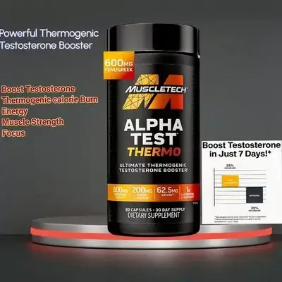 MuscleTech Thermogenic Testosterone Booster for Men, AlphaTest Thermo - T-Boost Mens Supplement with Tribulus Terrestris - L Carnitine - Ashwagandha - Tongkat Ali - Male Gym Workout Supplements for Muscle Growth, Stamina & Energy - 90 Pills