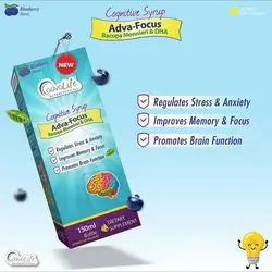 adva-focus bacopa monnieri & dha cognitive syrup regulates stress & anxiety improves memory & focus , promotes brain function 150 ml