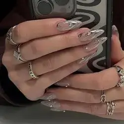 24pcs Press On Nails Long Almond Silver Swirl Fake Nails