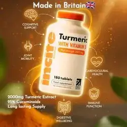 Turmeric Curcumin, 2000mg, Curcumin %95, Natural Antioxidant, joint pain and Relief, with Vitamin D3, D3 , anti inflammation, Turmeric, Curcumin, Made in Britain, 180 Tablets Curcumin 