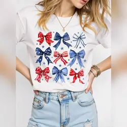 INAWLY Women's T-Shirt, Comfortable Color, Colorful Bow Decor - Large