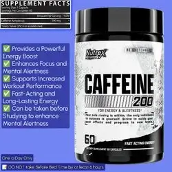 Nutrex Research Caffeine 200mg, caffeine, boosts energy, focus, mental clarity, fat metabolism, Enhanced workout performance, One a day, 60 Capsules caffeine
