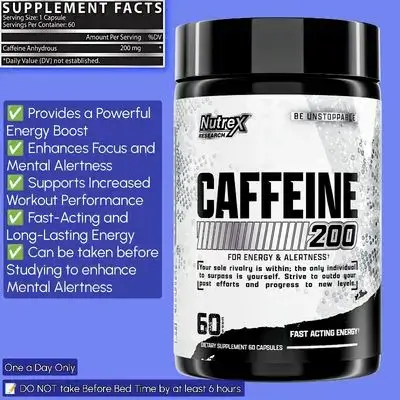 Nutrex Research Caffeine 200mg, caffeine, boosts energy, focus, mental clarity, fat metabolism, Enhanced workout performance, One a day, 60 Capsules caffeine