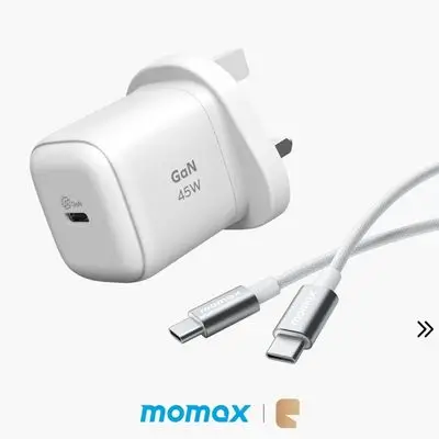 Momax 1-Charge 45W GaN Charger USB-C PD 3.0 PPS Support & 60W Braided Type-C Cable (1.5m) - White
