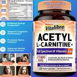 Acetyl-L-Carnitine HCl 1250mg, with B Complex, B1, B2, Niacin, Biotin, Folate Folic Acid, Methyl B12, B5 & Iron Glycinate, B Vitamins, Premium Quality, Energy, Brain, Fat Metabolism, Androgen Receptors, Neuropathy, Carnitine, 120 caps L Carnitine