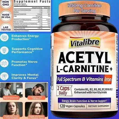 Acetyl-L-Carnitine HCl 1250mg, with B Complex, B1, B2, Niacin, Biotin, Folate Folic Acid, Methyl B12, B5 & Iron Glycinate, B Vitamins, Premium Quality, Energy, Brain, Fat Metabolism, Androgen Receptors, Neuropathy, Carnitine, 120 caps L Carnitine