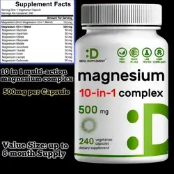 Magnesium Complex 500mg, 10-in-1 Glycinate, Citrate, Malate, Oxide, Taurate, Aspartate & More – 100% Chelated for Easy Absorption – Essential Mineral – 240 Caps Magnesium