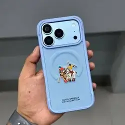 This is a light blue Santa Barbara Polo & Racquet Club phone case featuring an embroidered equestrian emblem on the back.