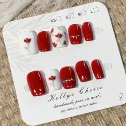 10Pcs Minimalist Vintage Ins Style Handpainted Gold Framed Small Red Flower Short Nail Medium Size