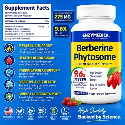 Enzymedica, Berberine Phytosome, High Bioavailability, Enhanced Absorption for Superior Berberine Delivery, Berberine, Metabolism, Sugar and Lipid Optimization, 60 Capsules berberine 