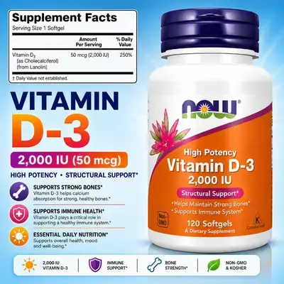 Now Supplements, Vitamin D3, Vitamin D3 2000 IU, Vitamin D, D3, from Lanolin, 120 Softgels vitamin d3