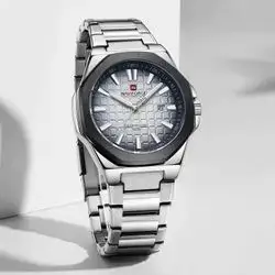 Naviforce quartz watch, featuring a distinctive octagonal bezel and a textured blue ombré dial.