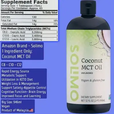 MCT Liquid Coconut Oil, Unflavored, Vegan & Gluten-free, Clean and 1 Ingredient Only, Body Composition and Weight Management, helps Convert Fat to Energy, Sharper Brain and Focus, improves Learning ability, 32 fl oz (946ml) mct oil