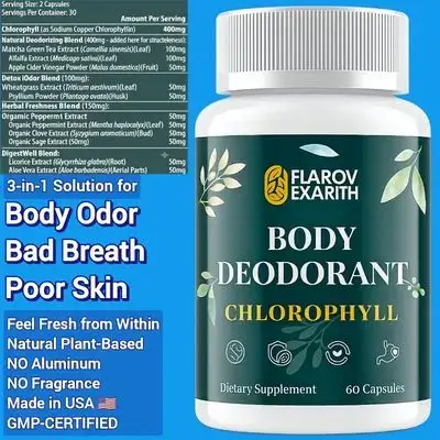 Women's Body Deodorizing Supplement, Chlorophyll, for Body Odor, Fresh Breath & Gut Detox, for Social Confidence, Vegan, Matcha Green Tea, Apple Cider Vinegar, Skin Health, Smell good from the Inside, 60 Caps Chlorophyll