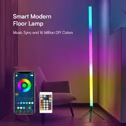 The image shows a box for an unbranded RGB LED floor lamp that features app and remote control compatibility, music sync, and color-changing ambient modes
