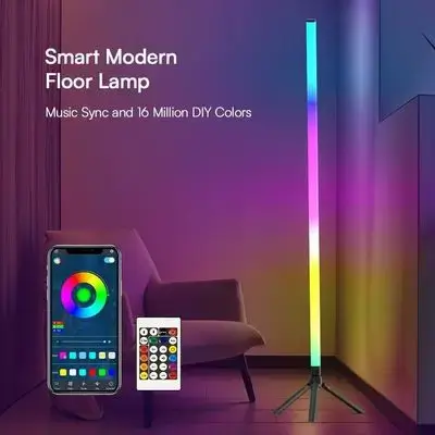 The image shows a box for an unbranded RGB LED floor lamp that features app and remote control compatibility, music sync, and color-changing ambient modes
