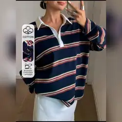 Livesso Women's Loose Fit Color Block Striped Long Sleeve T-Shirt - XS