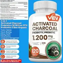 Activated Charcoal, Probiotics 50 Billion CFU, Organic Prebiotic Fiber, Detoxification, Toxins Cleanse, Digestive Health, Gas & Bloating Relief, kidney health, Potent Binder, 120 Capsules Probiotics