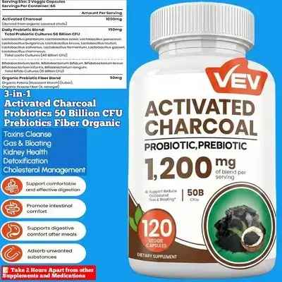 Activated Charcoal, Probiotics 50 Billion CFU, Organic Prebiotic Fiber, Detoxification, Toxins Cleanse, Digestive Health, Gas & Bloating Relief, kidney health, Potent Binder, 120 Capsules Probiotics